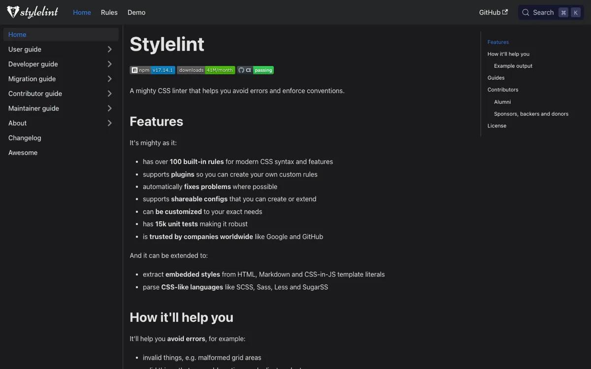 Stylelint homepage, the modern CSS linter that replaced CSS Lint