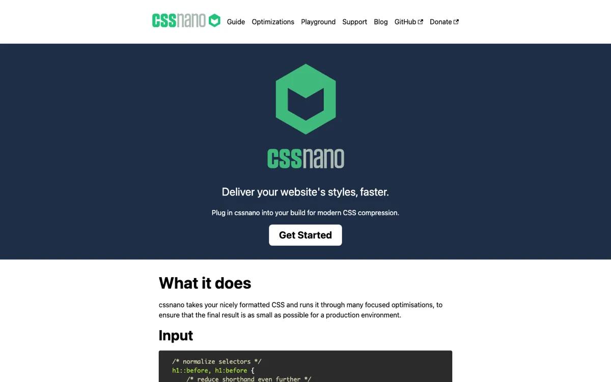 cssnano documentation site, a modular CSS minifier built on PostCSS