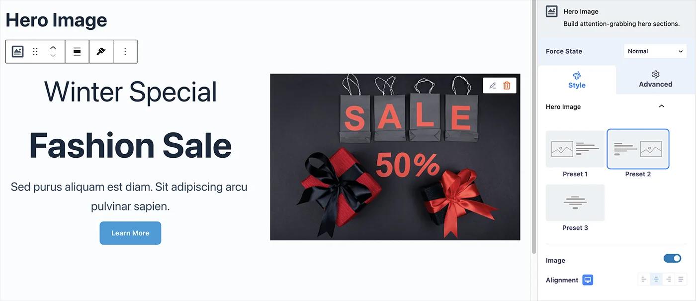 Hero Image Style preset and alignment