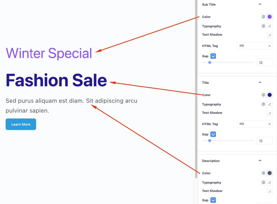 Hero Image subtitle title and description customization