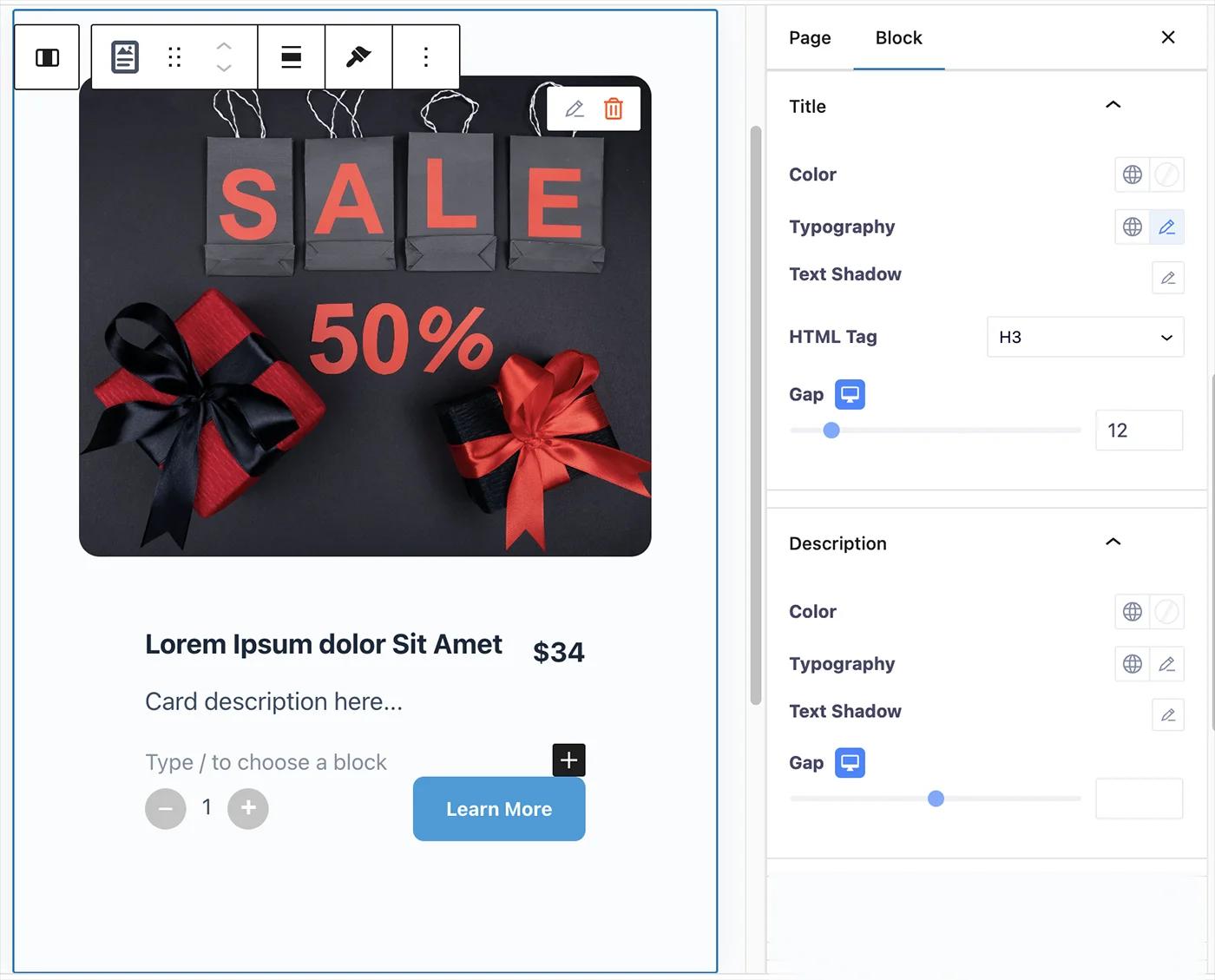Card block title and description customization