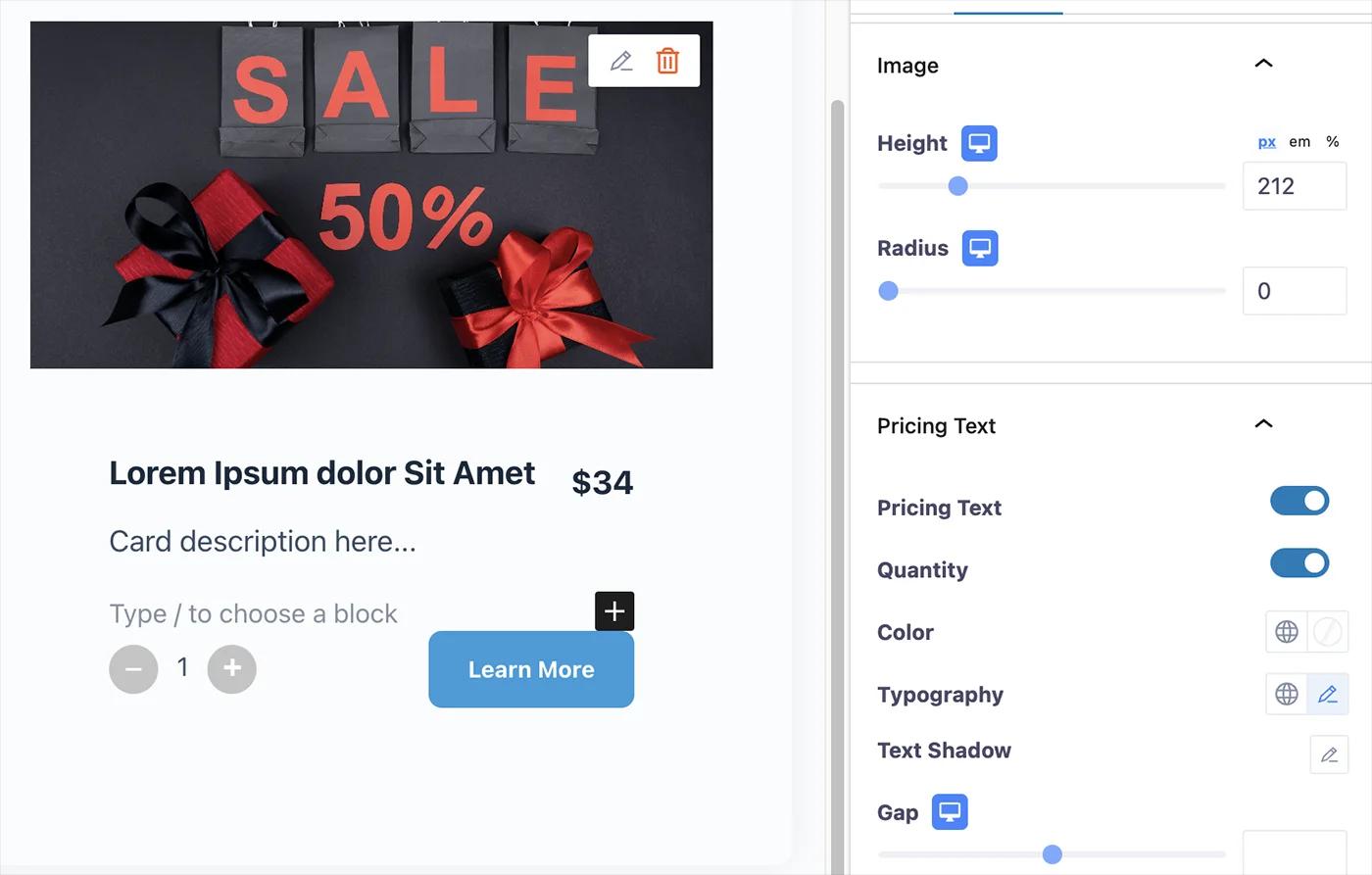 Card Image and pricing text customization