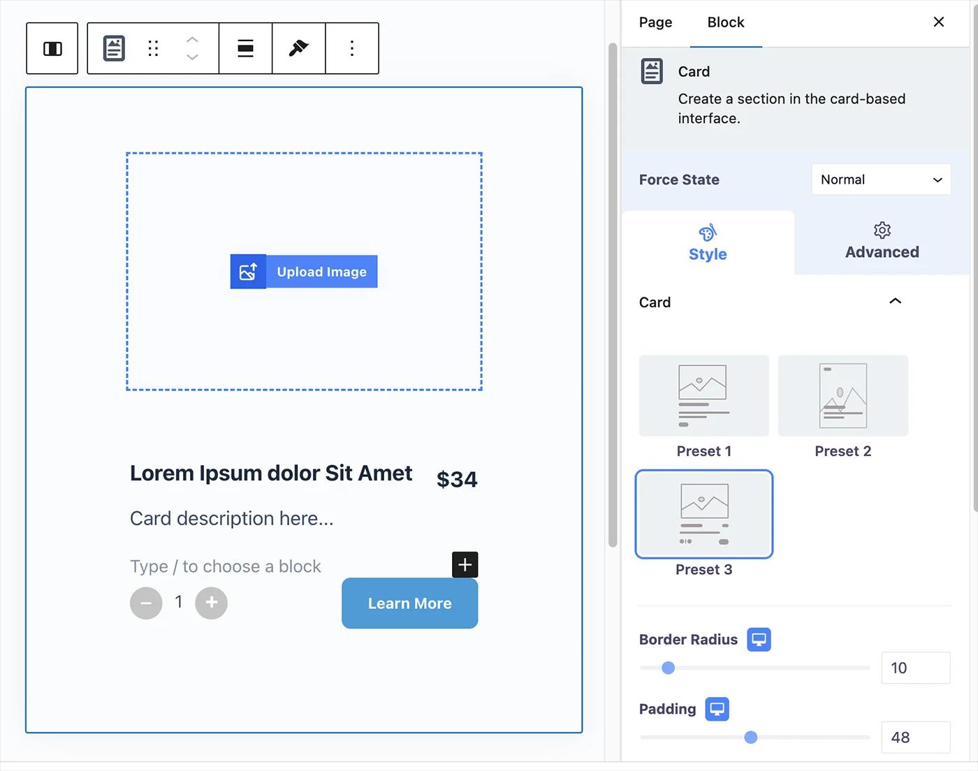 Card preset border radius and padding option