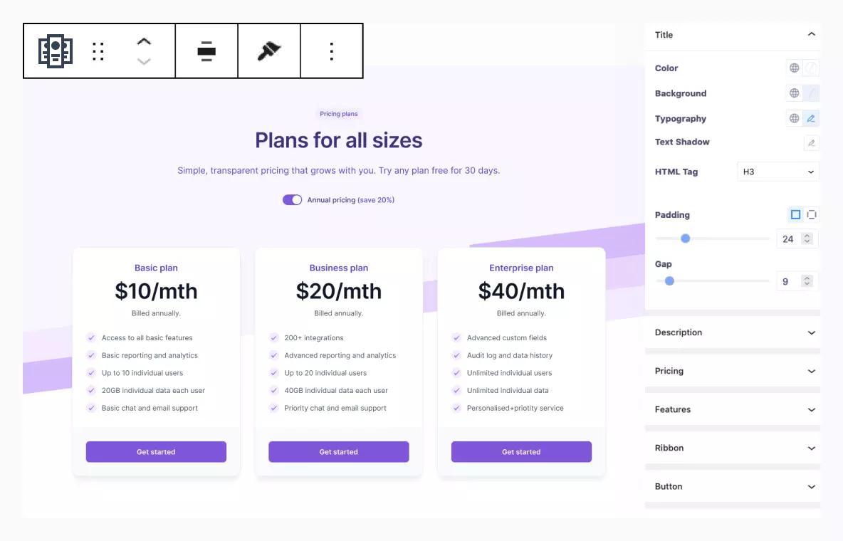 Gutenberg Pricing Table block