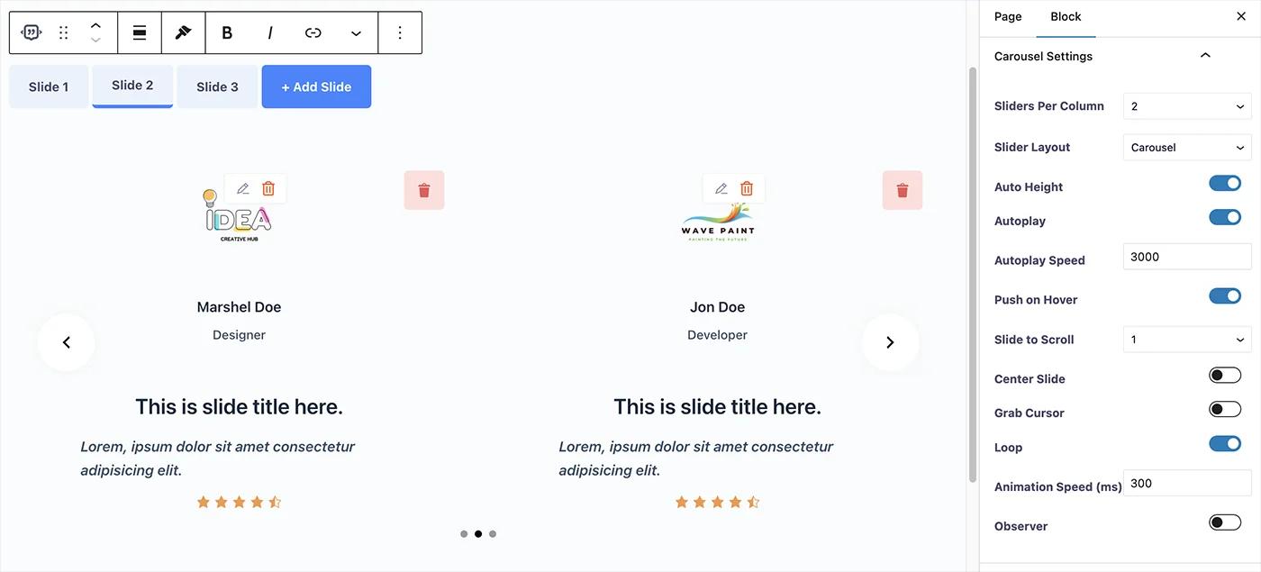 Carousel Settings in Testimonial slider