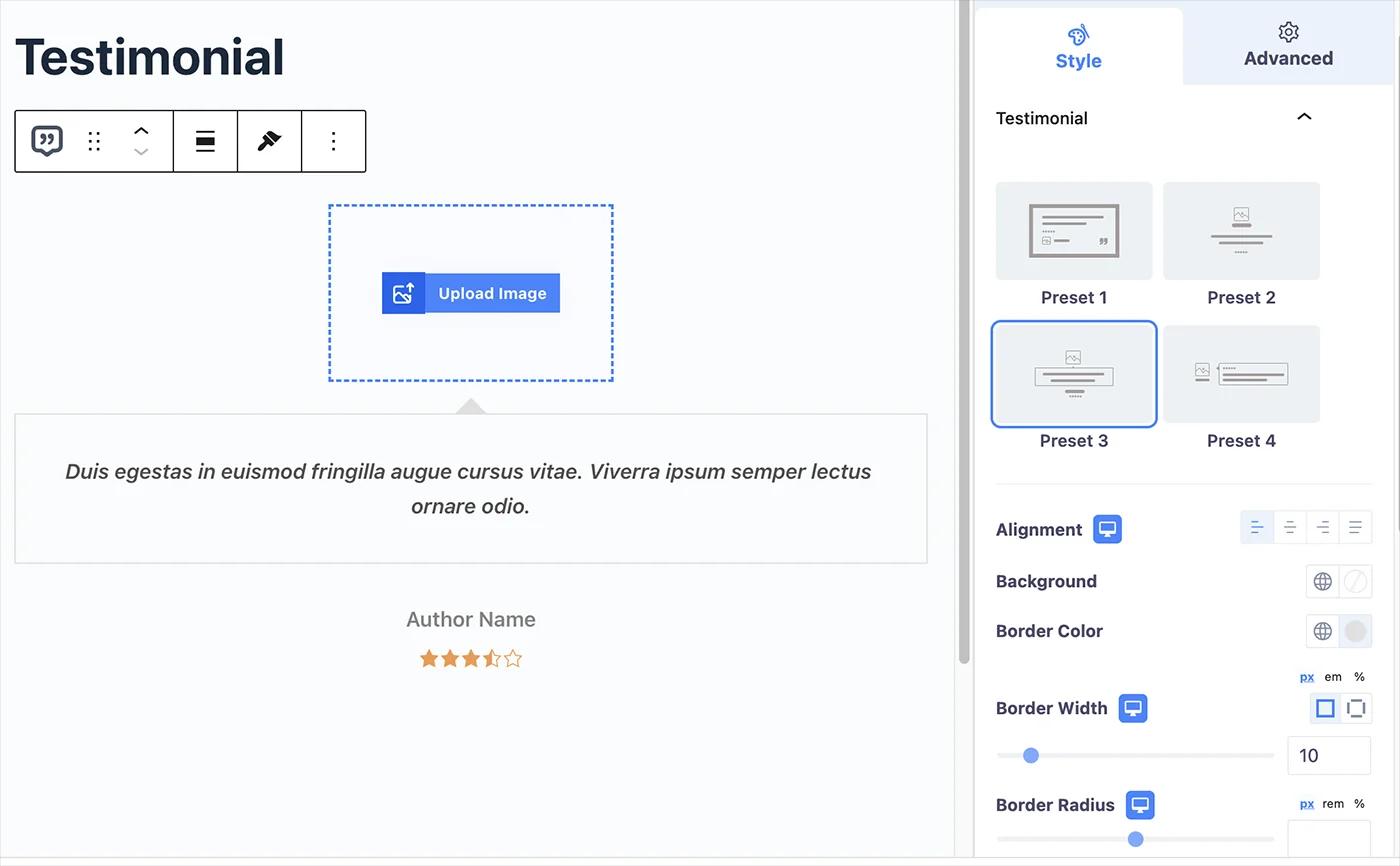 Testimonial style and preset