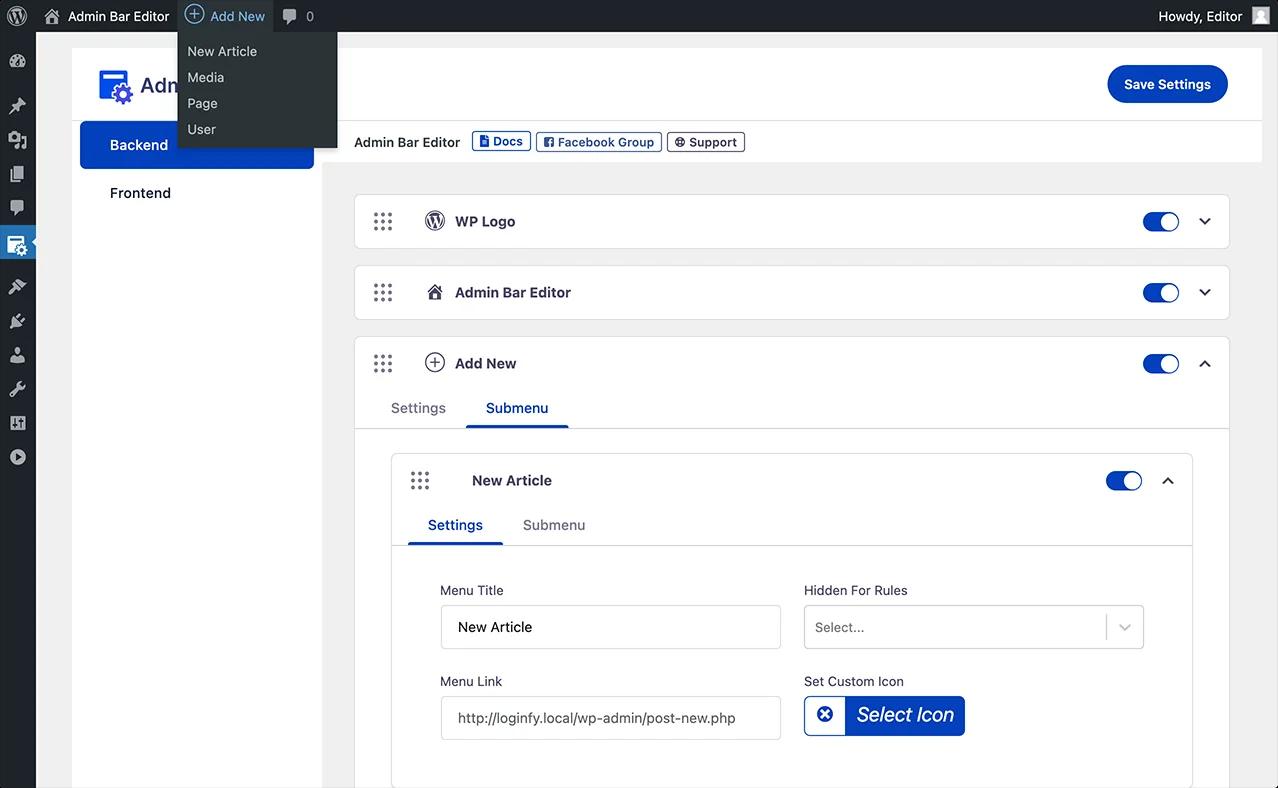 Customize Submenu Items in admin bar