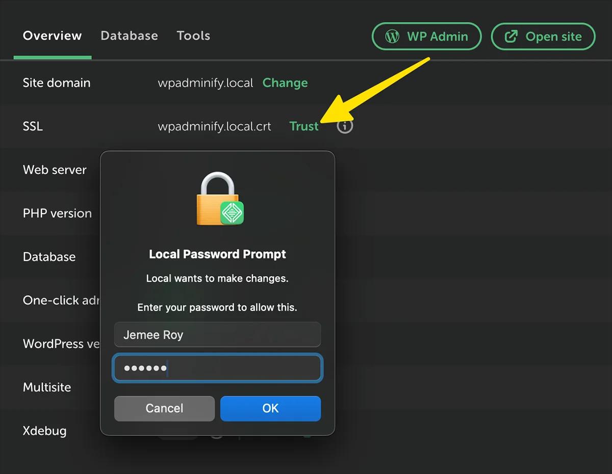 Trust the SSL Certificate in localwp app