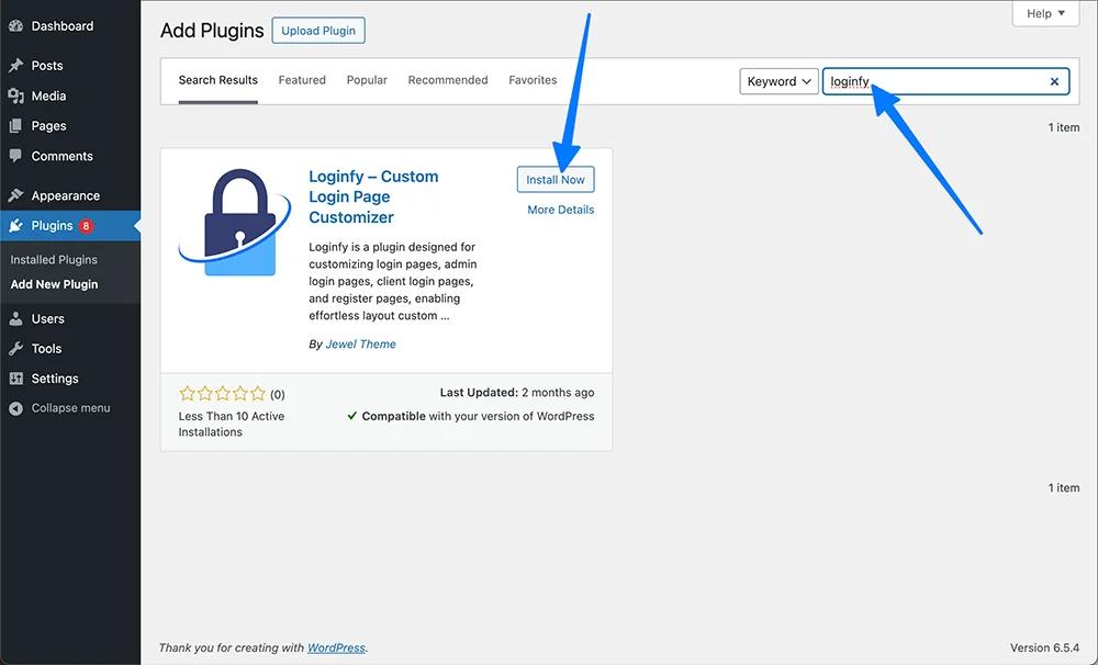 Install Loginfy WordPress login page customizer plugin
