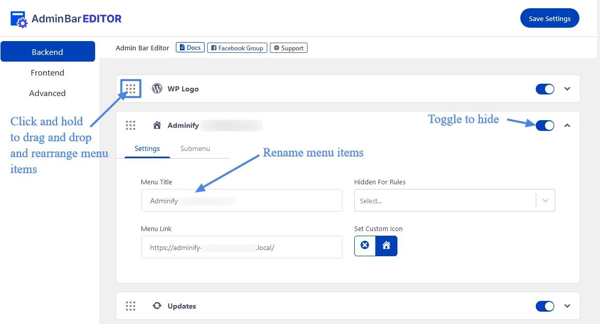Control admin bar menu items