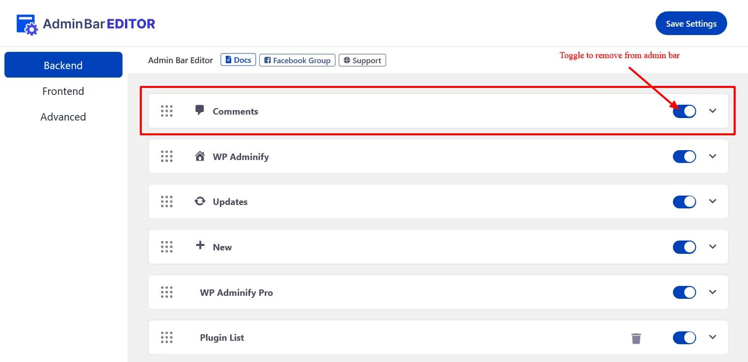 Toggle comments to remove from admin bar