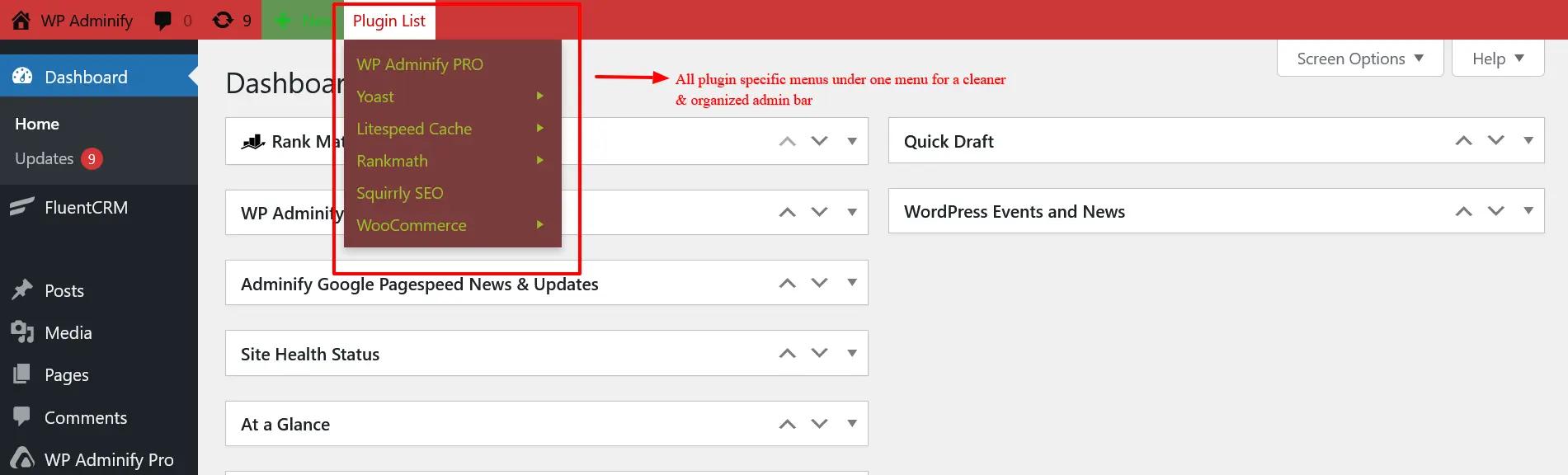 All plugin specific menus under one menu