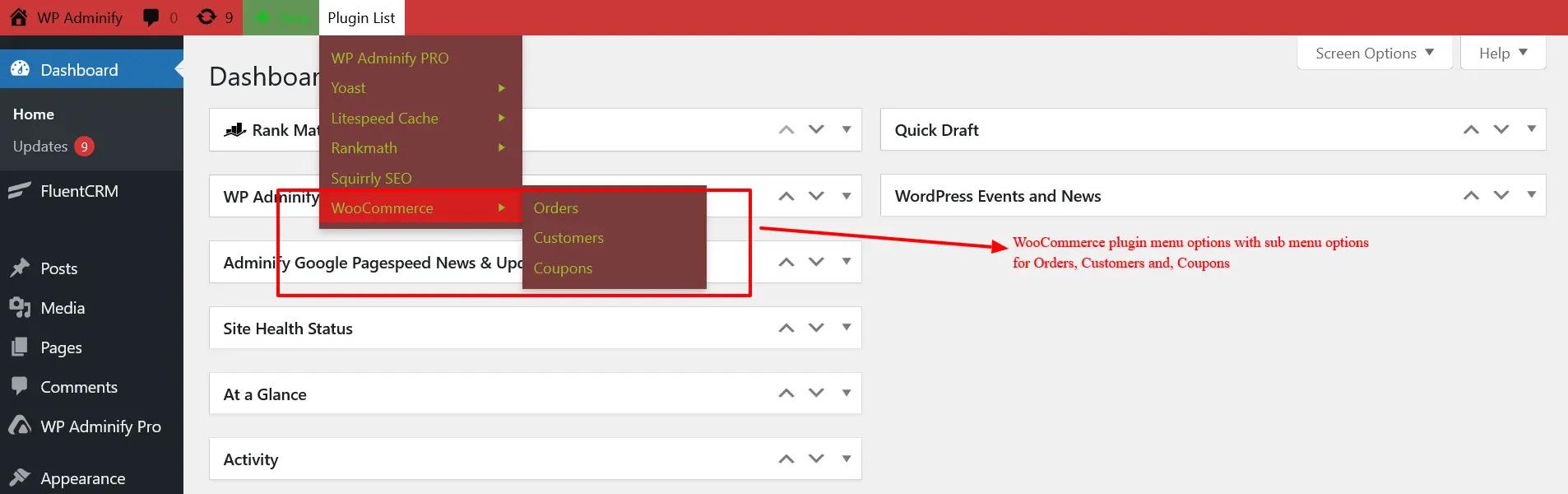 WooCommerce menu options