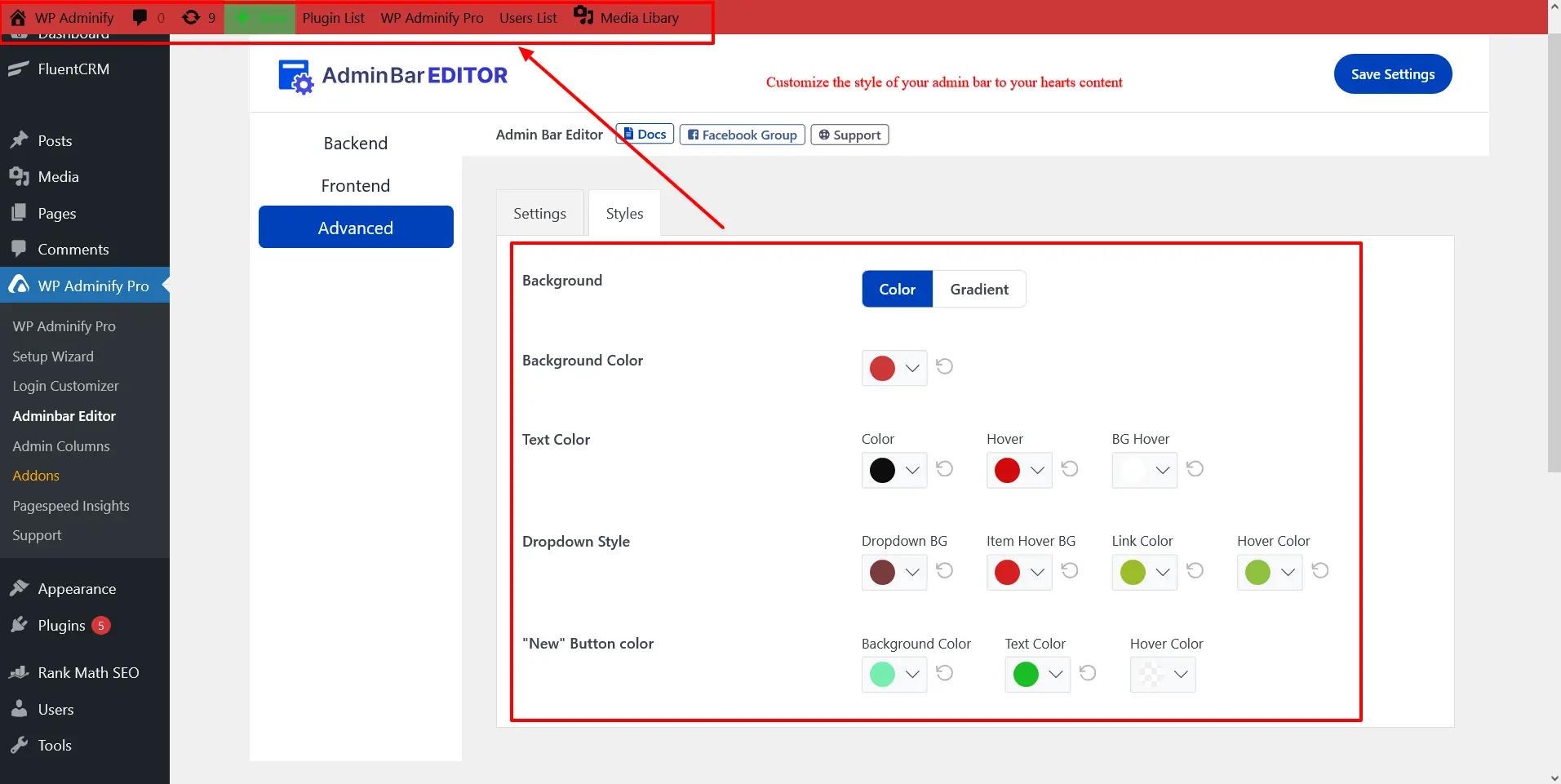 Style customizations admin bar