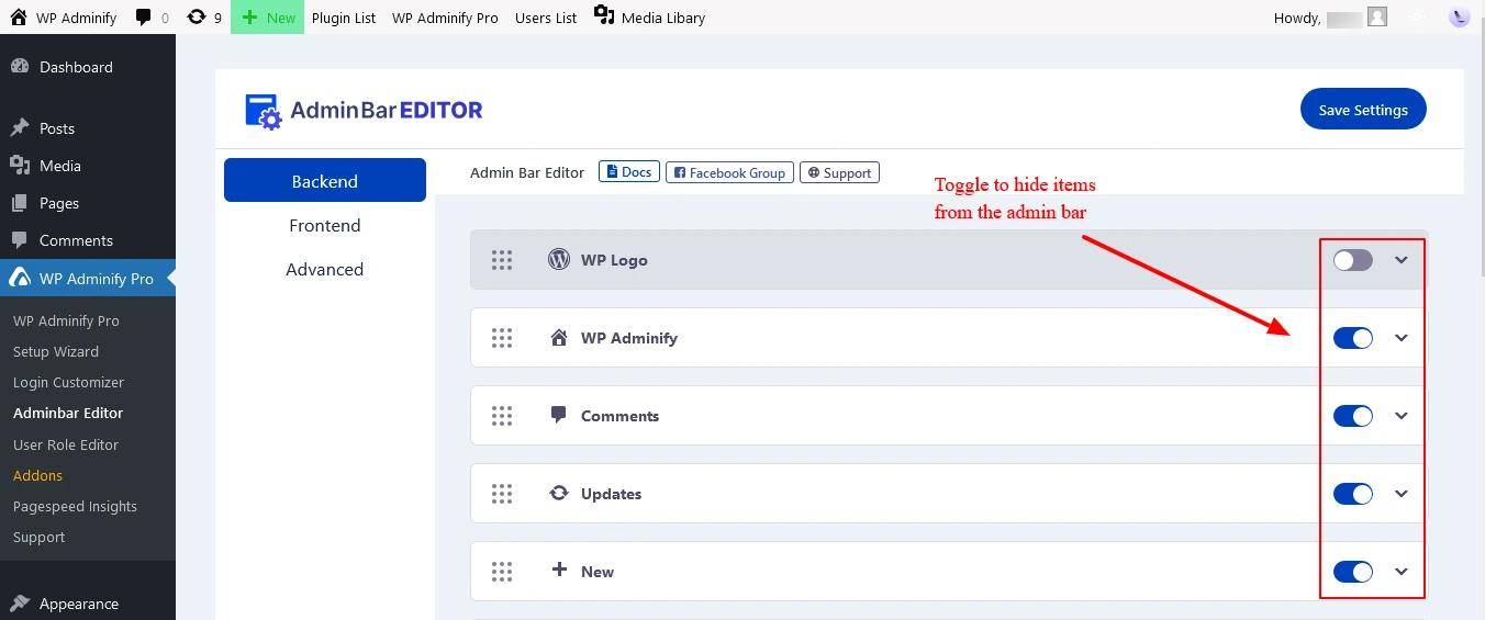 Toggle to hide items from admin bar