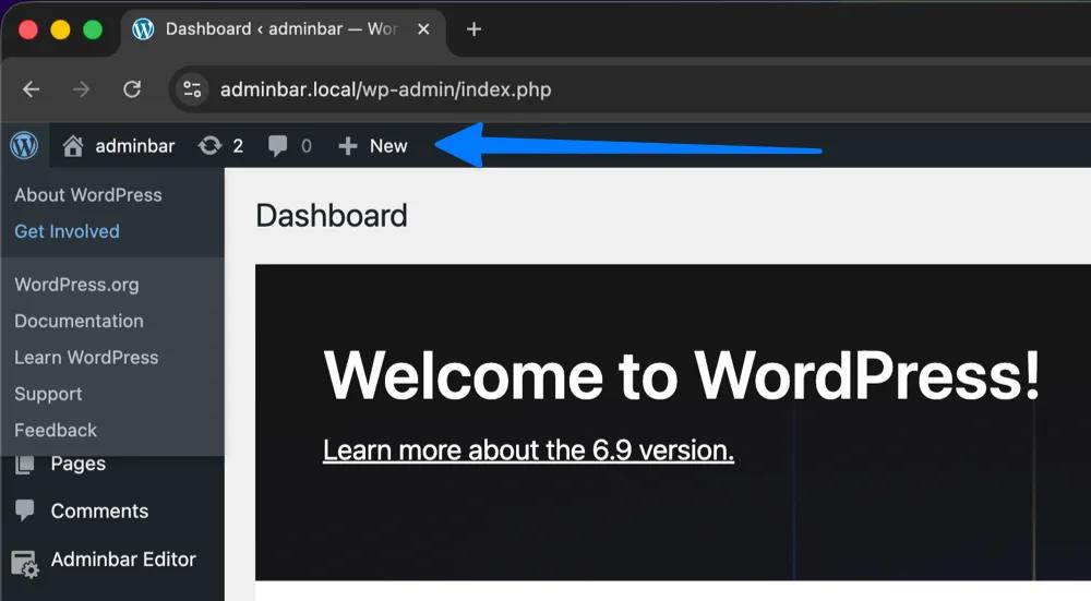 Primary Menu items in the Admin bar left side having default WordPress installation with Admin Bar Editor plugin