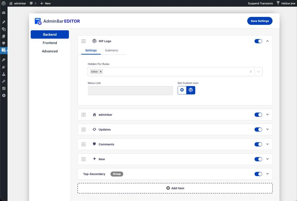 Backend admin bar options