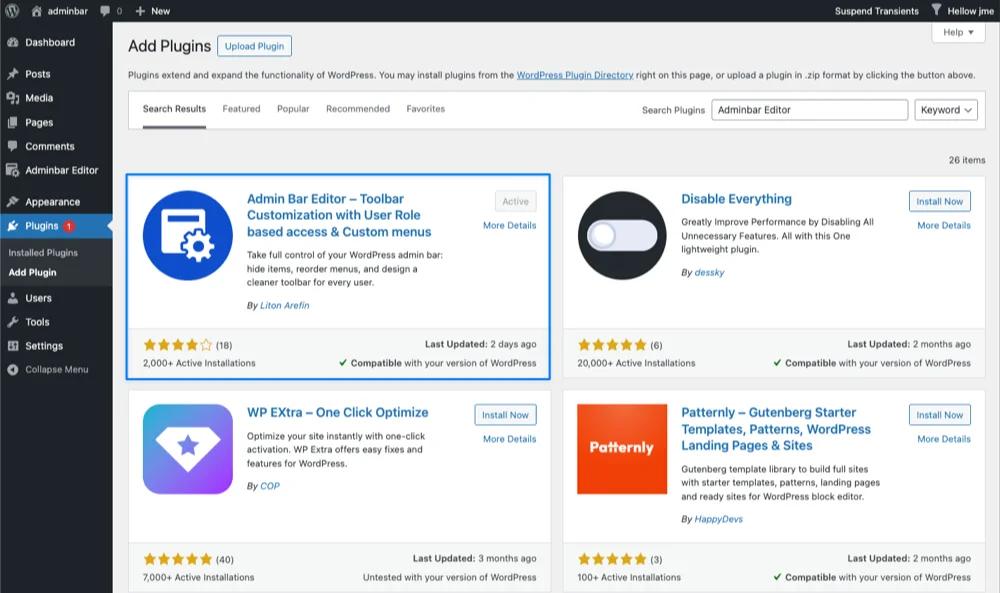 Admin bar editor plugin installation from WordPress admin