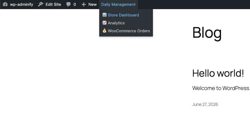 Default WordPress frontend admin bar showing the WordPress logo, site name dropdown, Edit Site, comments, and New menu