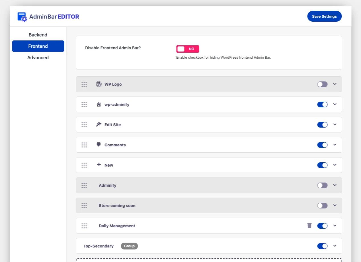 WP Adminify Adminbar Editor open on the Frontend tab, with Backend, Frontend, and Advanced tabs visible