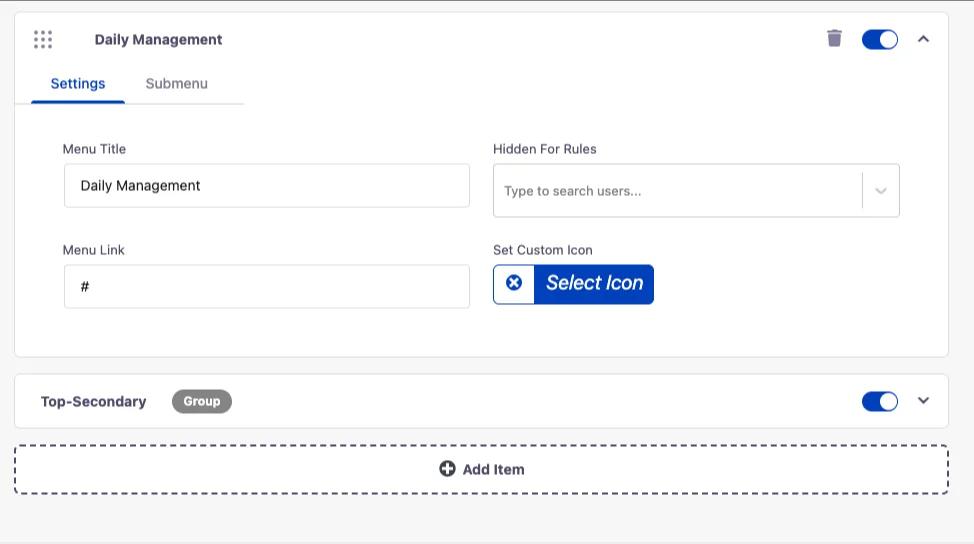 Creating a custom admin bar menu named Daily Management in WP Adminify with Menu Title, Menu Link, and Set Custom Icon fields