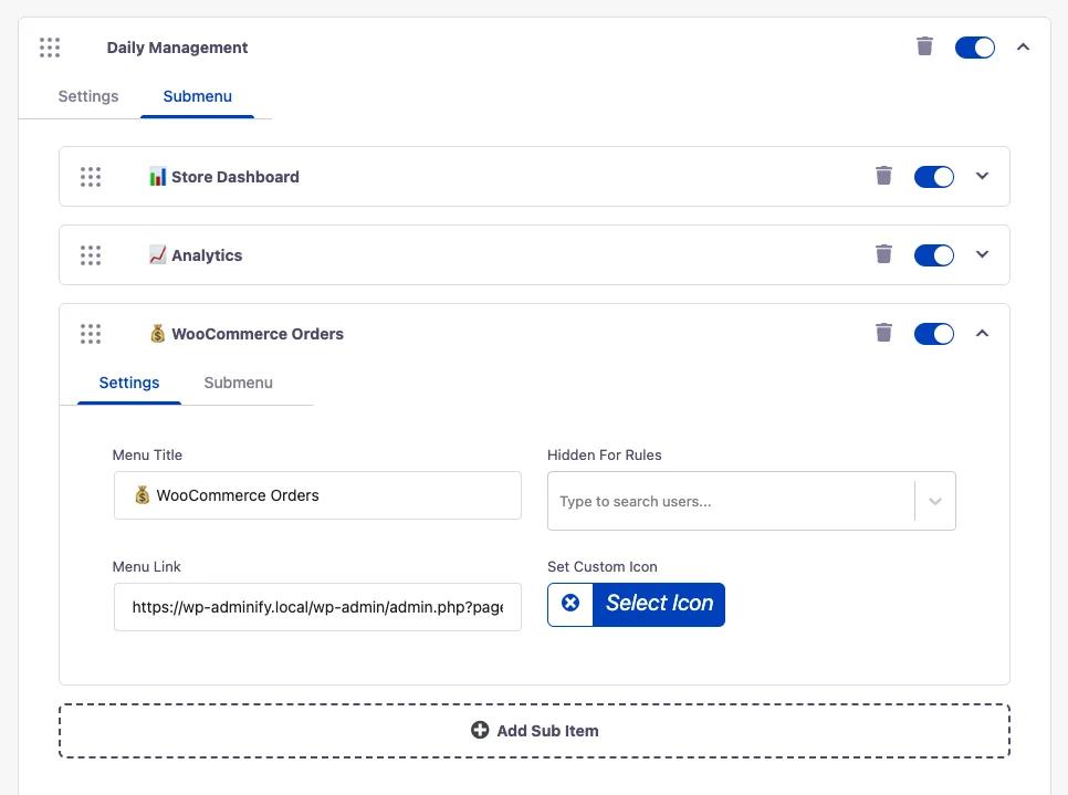 Adding a Store Dashboard submenu item under a custom admin bar menu in WP Adminify, with Menu Title, Menu Link, and Add Sub Item button