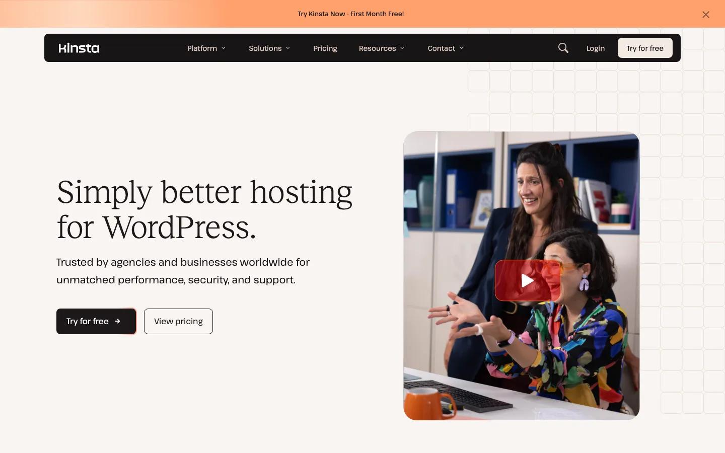 Kinsta homepage promoting managed WordPress hosting trusted by agencies and businesses