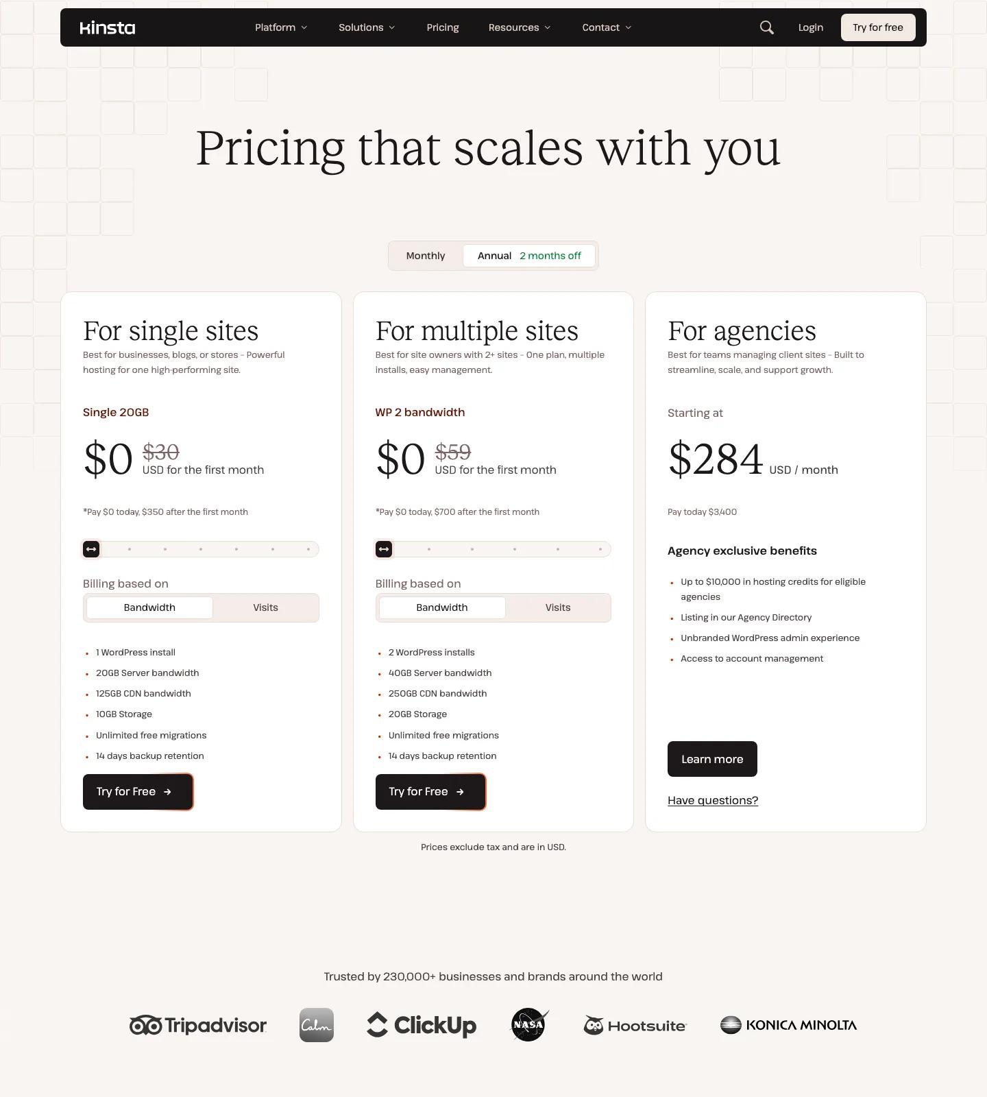 Kinsta pricing page 2026 showing Single, Multiple sites and Agency plans with first month free offer