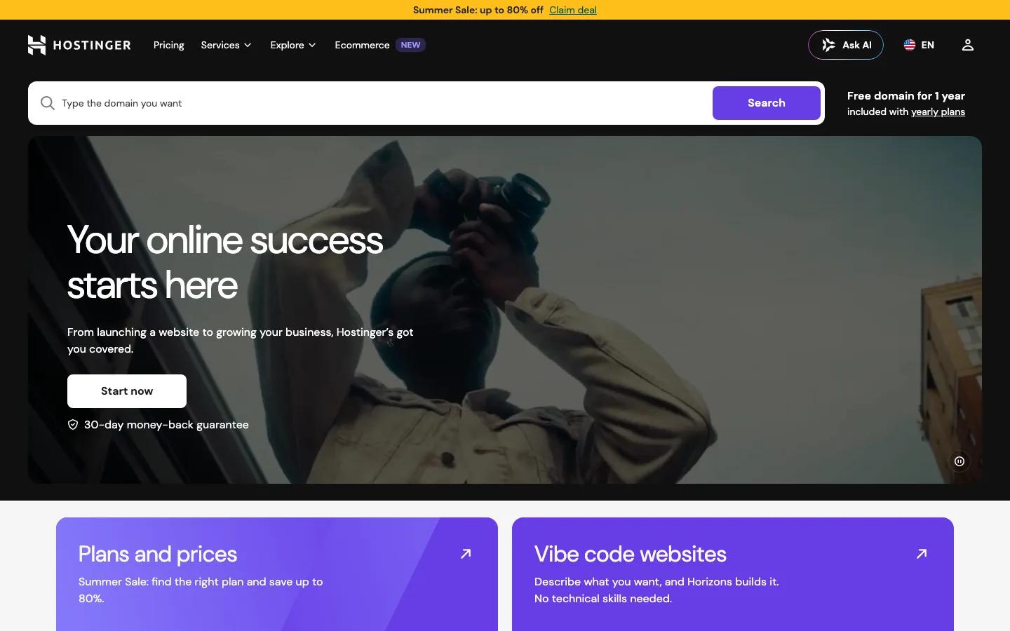 Hostinger homepage showing managed WordPress hosting offer with Trustpilot rating and WordPress.org recommendation