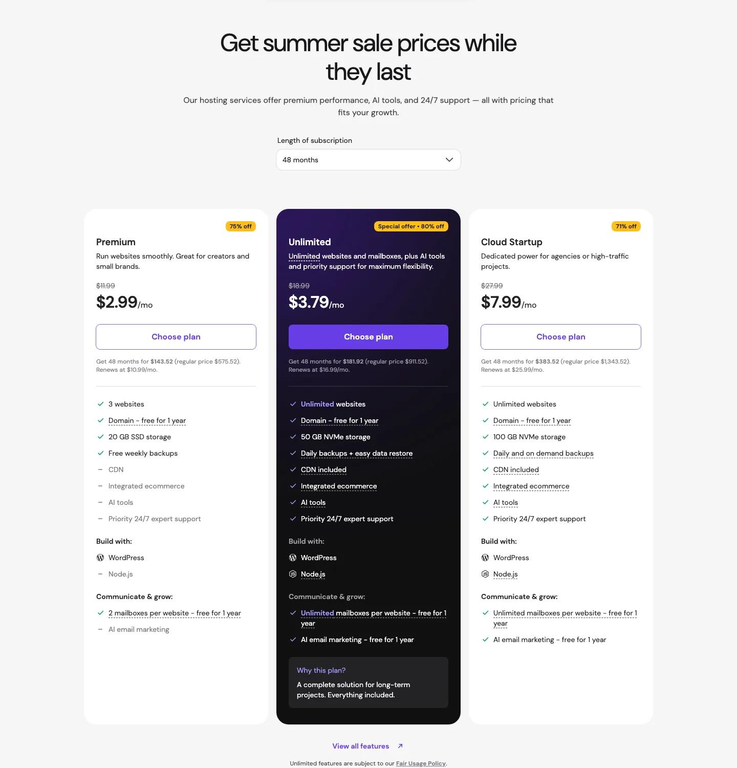 Hostinger WordPress hosting pricing 2026 showing Premium, Unlimited and Cloud Startup plans with promotional discounts