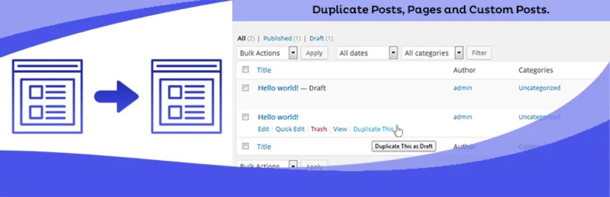 Duplicate Page WordPress plugin banner for one click page and post cloning