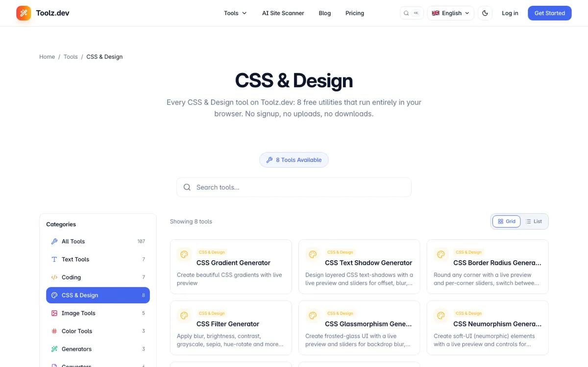 Toolz.dev CSS and design tools category page showing free browser-based CSS tools
