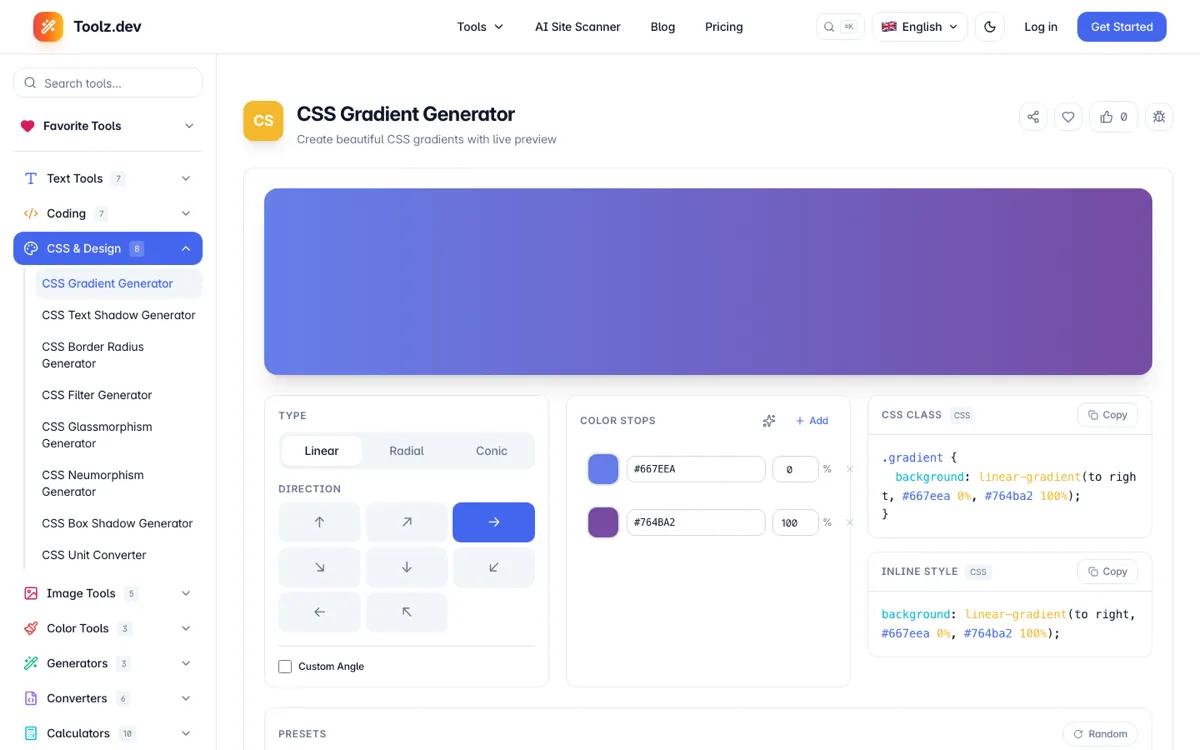 CSS gradient generator on Toolz.dev with live preview and generated CSS code