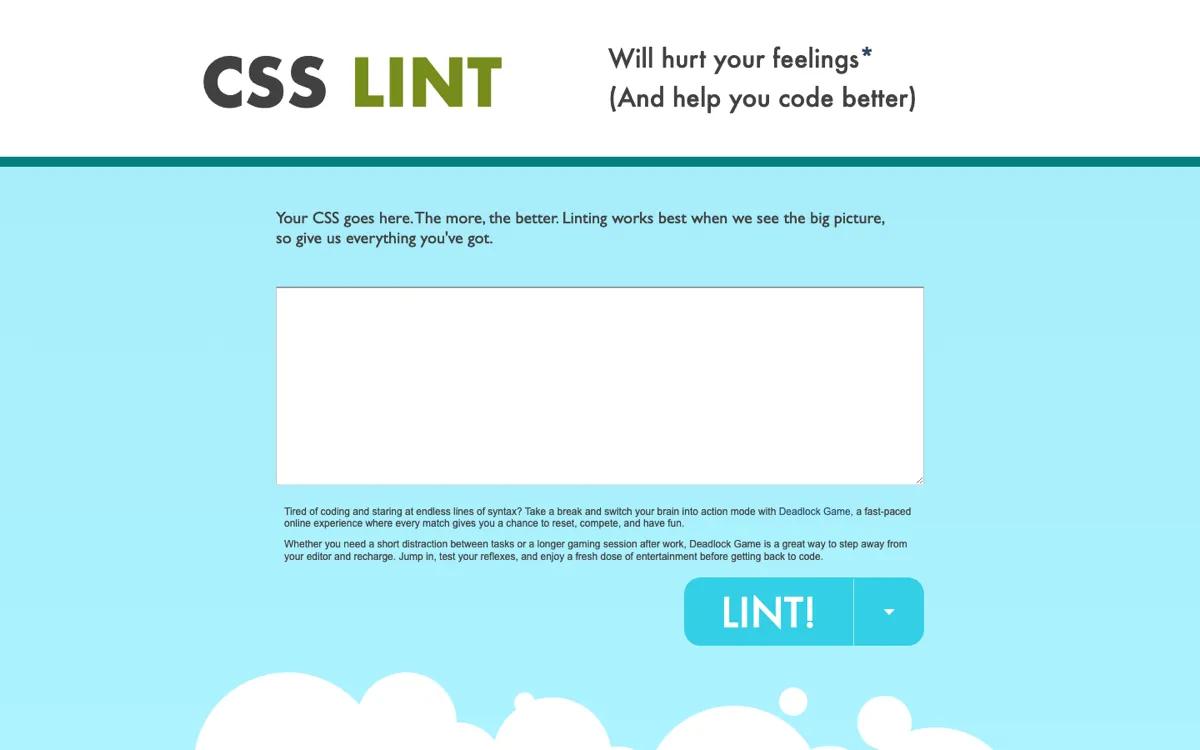 CSS Lint online CSS validator with its Will hurt your feelings tagline and paste area