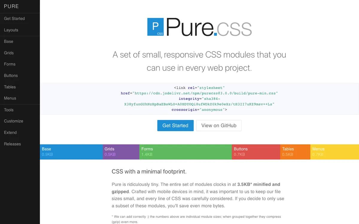 Pure CSS framework homepage showing its set of small responsive CSS modules