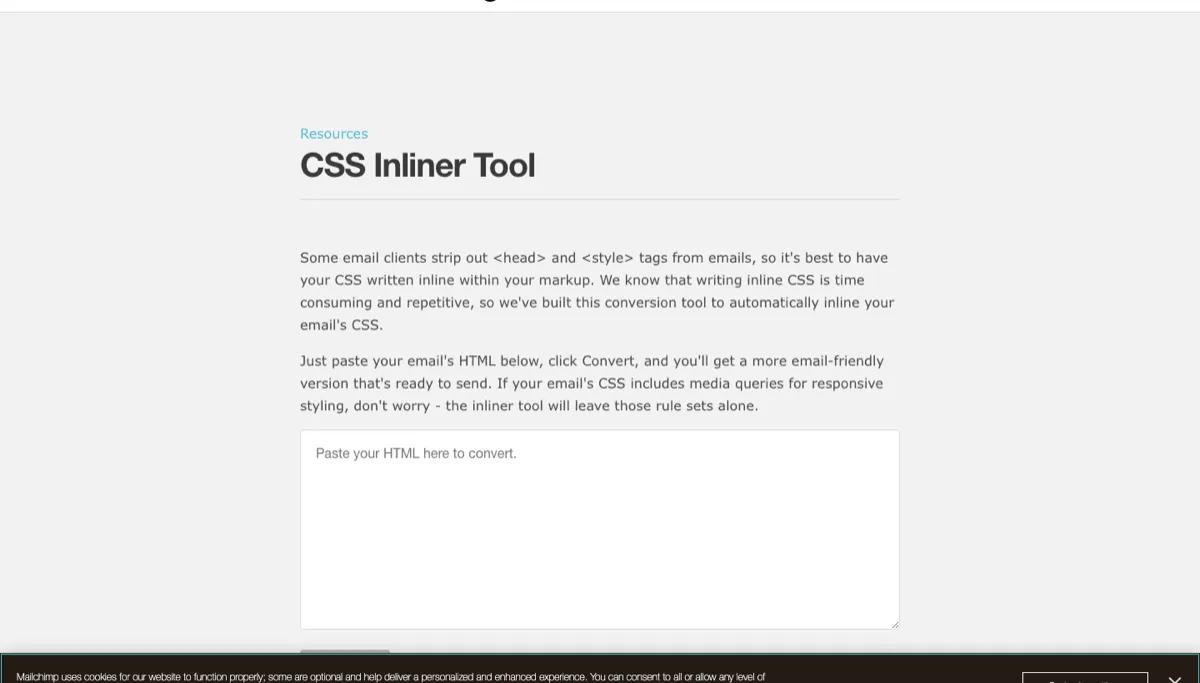Mailchimp CSS Inliner tool converting email HTML with head styles into inline CSS