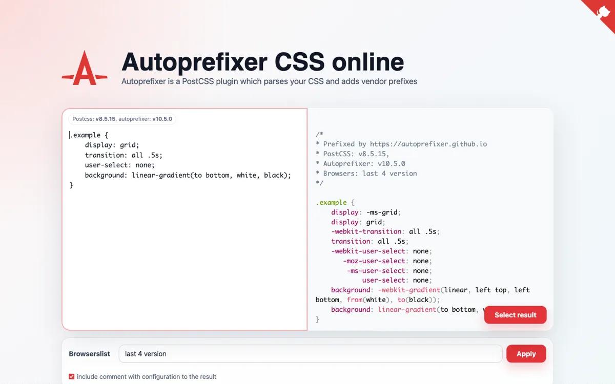 Autoprefixer CSS playground adding vendor prefixes to CSS based on browser support data