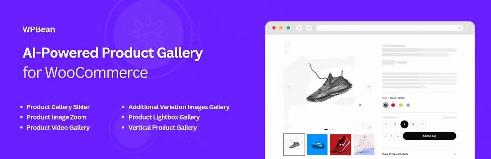 WPBean AI Product Gallery Slider for WooCommerce plugin banner showing gallery slider, image zoom, and variation gallery features