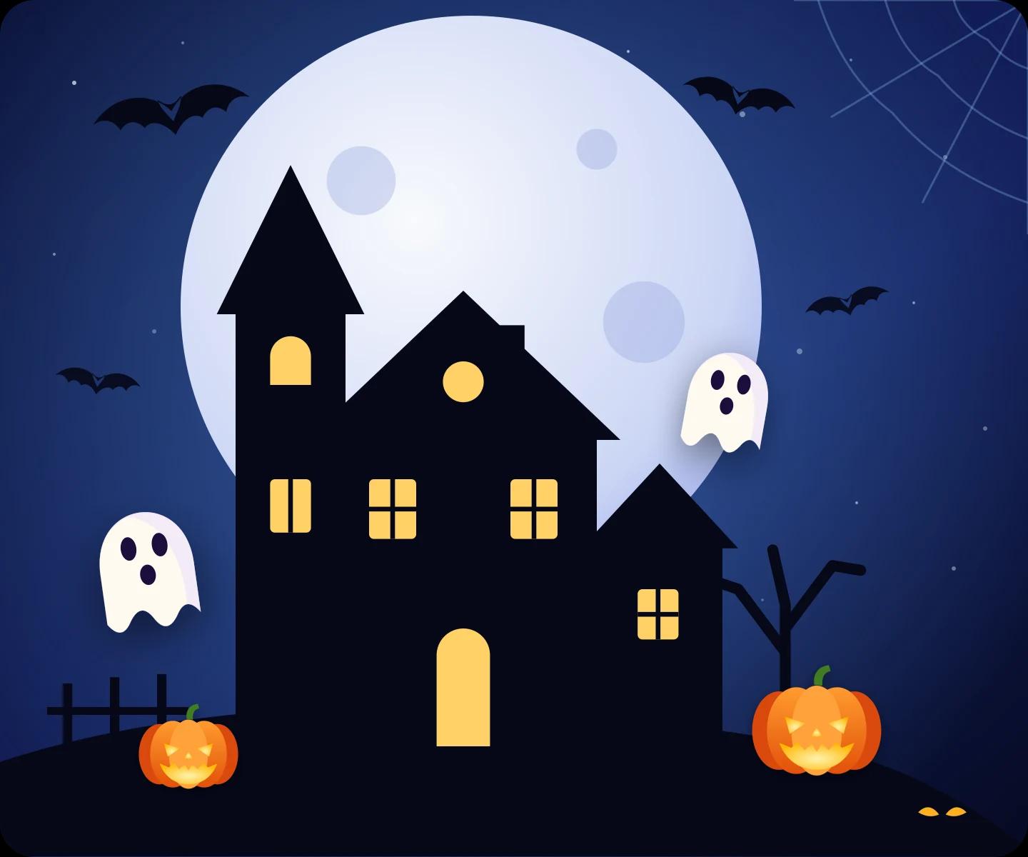 Admin Bar Editor Halloween 2026 artwork: a haunted house under a full moon with bats, ghosts and pumpkins