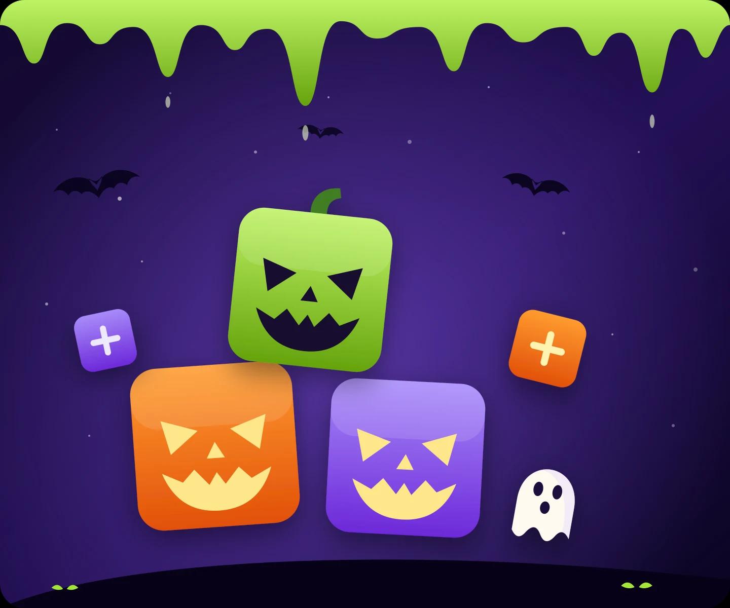 Master Blocks Halloween 2026 artwork: carved jack-o-lantern blocks, dripping slime, a ghost and bats