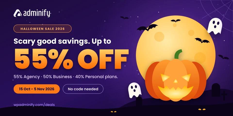 WP Adminify Halloween Sale 2026 banner, up to 55% off