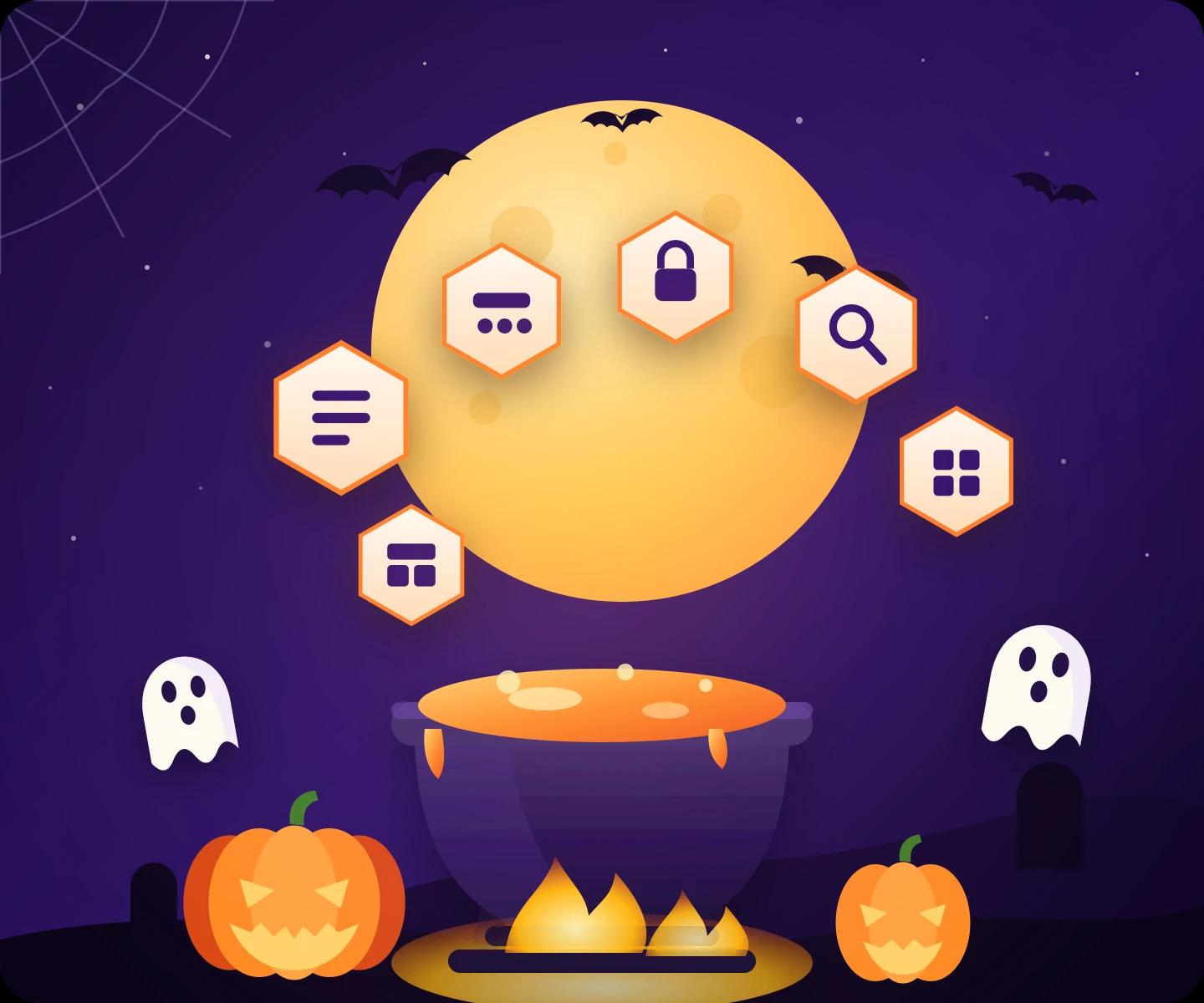 A cauldron brewing six glowing plugin tokens under a full moon, with ghosts, bats and pumpkins