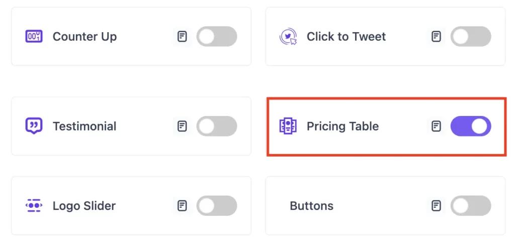 Enable pricing Table block in Master Blocks