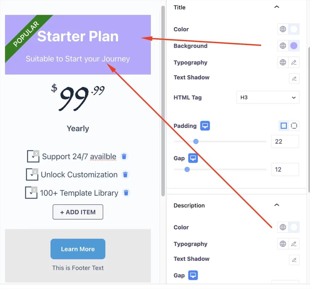 Change Title and Description style in pricing table block