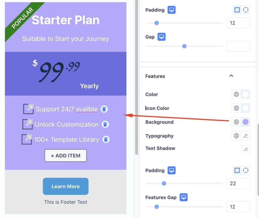 Pricing Table feature customization